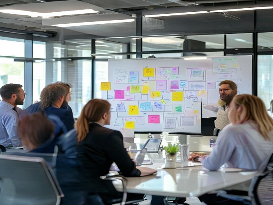 Strategy workshop with consultants and whiteboard